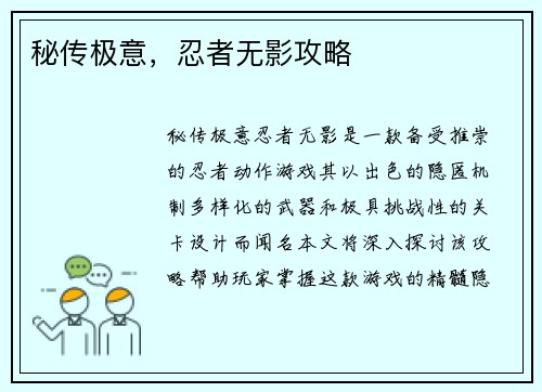 秘传极意，忍者无影攻略